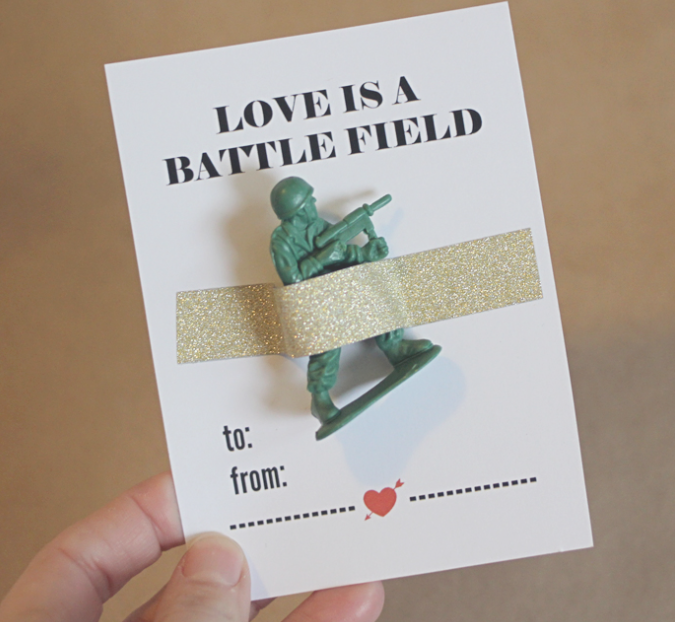  Grab the free printable  here  and a bag of army men  here .  